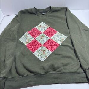 Joe Boxer Quilted Patchwork Sweatshirt Medium Olive Green Crew Neck Cottagecore